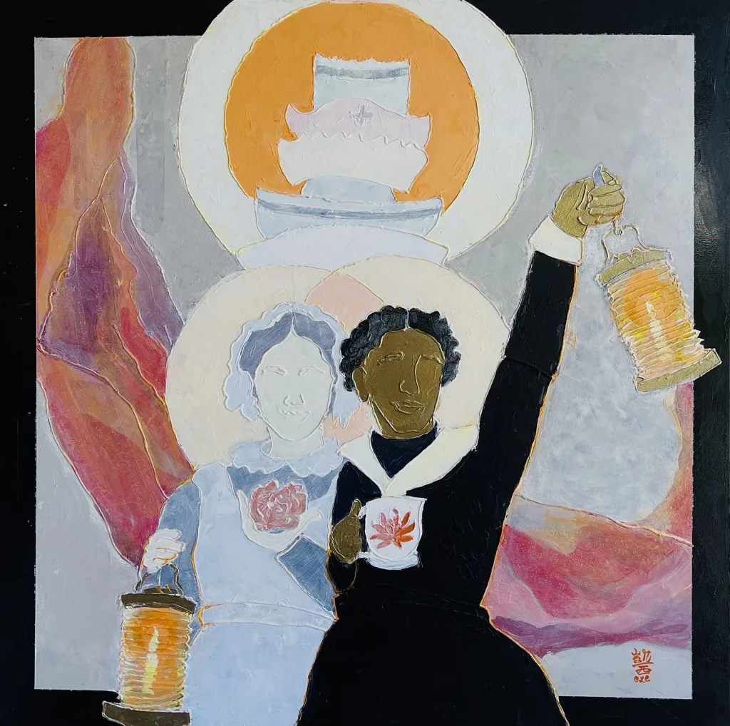 Bone Black and Lylas White - Two Ladies with Lamps