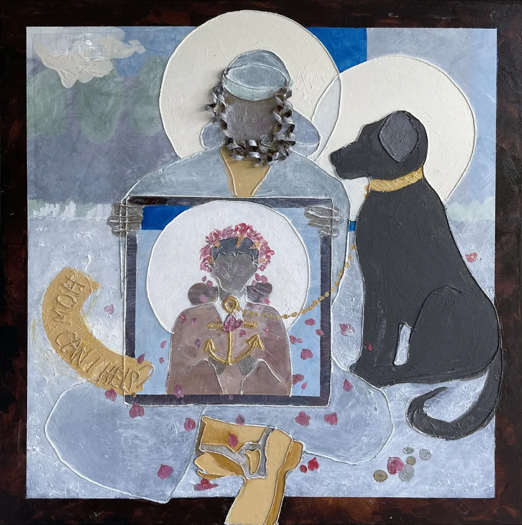 Transparent Brown Iron Oxide Homeless with Dog and Saint Rose